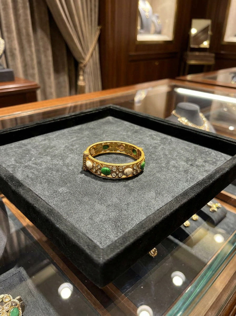 Handcrafted Royal Antique Gold Kada Bracelet with Green & Marbled Stones - Image 6