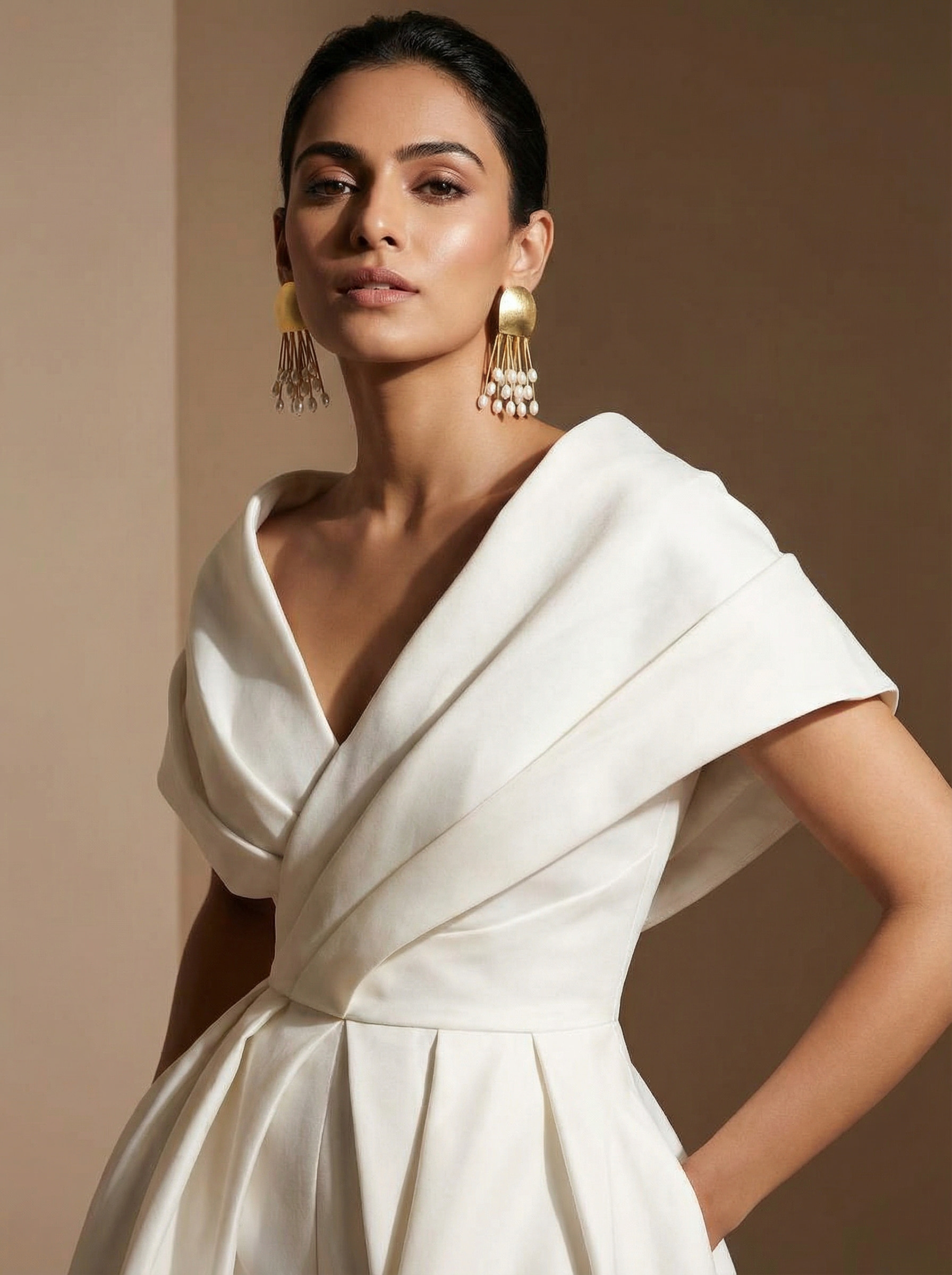 Golden Medusa Tassel Earrings | Handcrafted Matte Gold & Pearl Fringe Dangles - Image 8