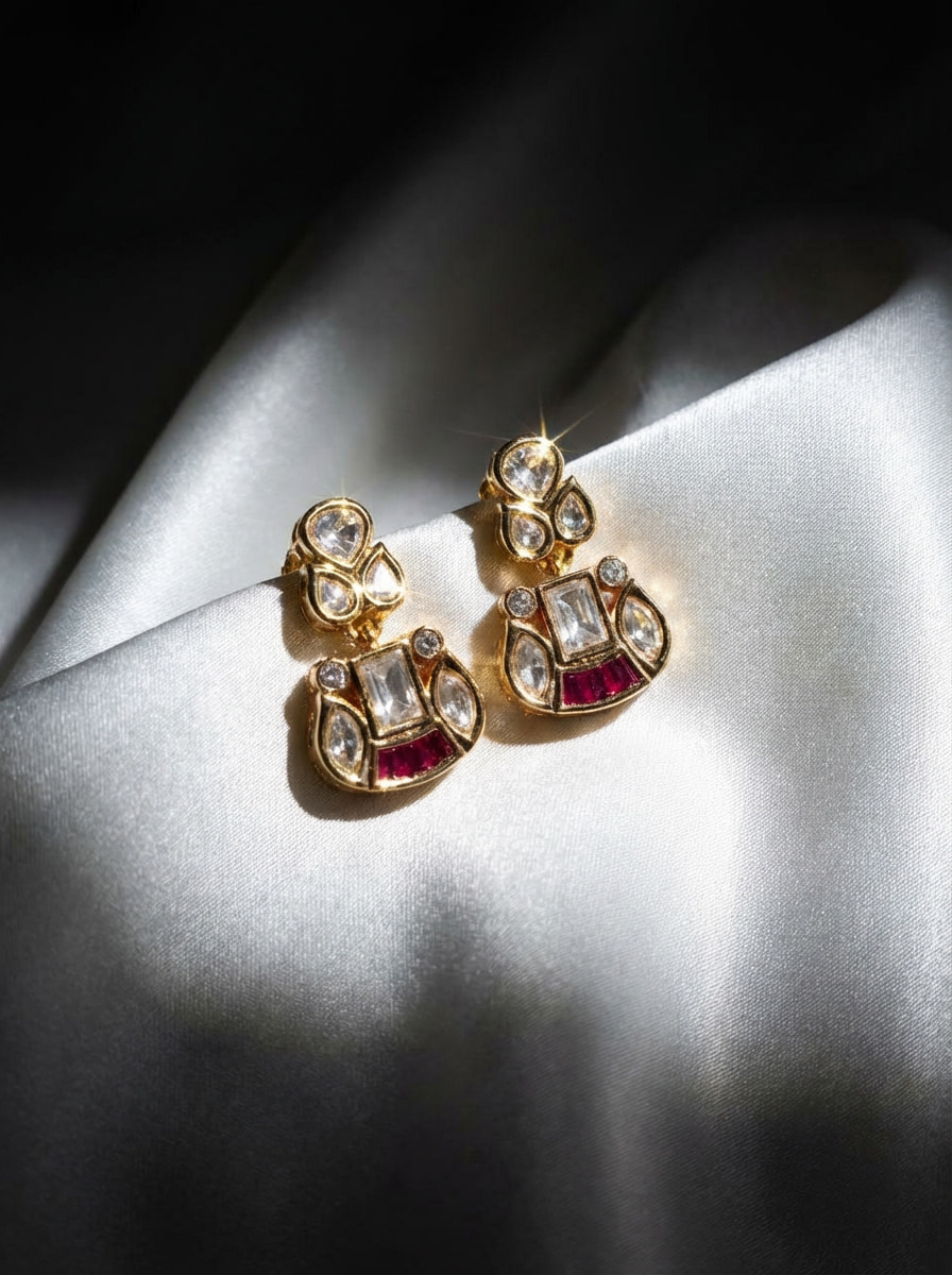 Handcrafted Vintage-Style Kundan & Ruby Drop Statement Earrings - Image 8