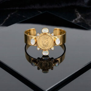 Handcrafted Ancient Empress Coin Cuff in Gold Plated Silver with Moonstone Cabochons