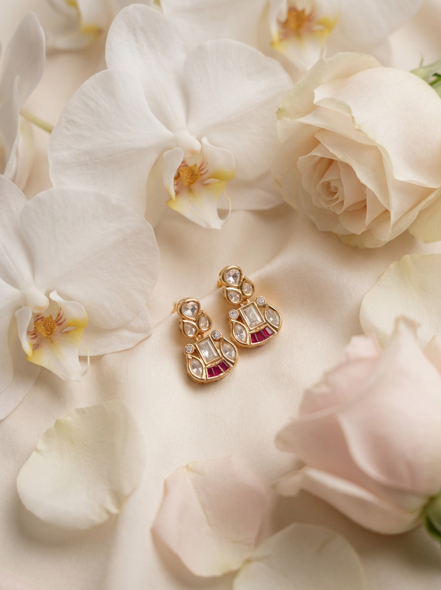 Handcrafted Vintage-Style Kundan & Ruby Drop Statement Earrings - Image 5