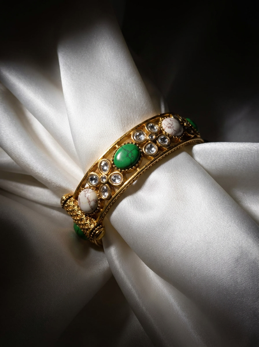 Handcrafted Royal Antique Gold Kada Bracelet with Green & Marbled Stones - Image 7