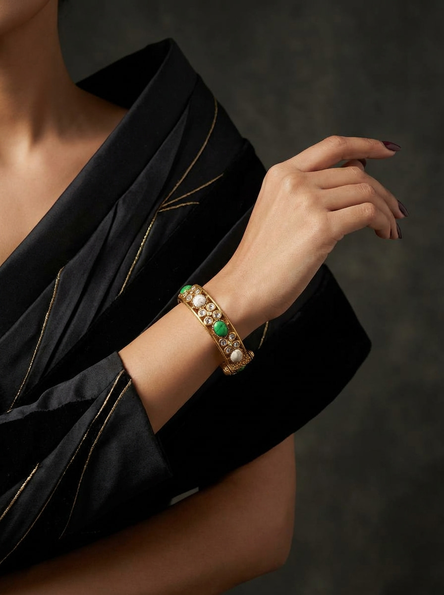 Handcrafted Royal Antique Gold Kada Bracelet with Green & Marbled Stones - Image 3