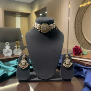 Handcrafted Kundan & Pearl Choker Set – Vintage Hyderabadi Jadau Jewelry with Rose Quartz Healing Stone