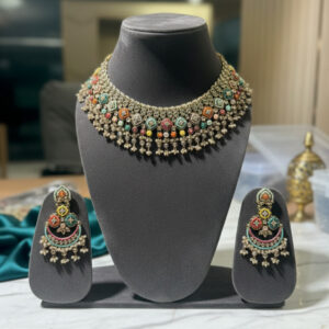 Handcrafted Multicolored Jadau Choker Set with Healing Stones and Seed Pearl Drops