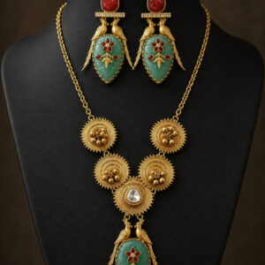 Mayura Heritage Set — Polki Necklace & Earrings with Carved Green and Ruby-Tone Jadau Work | Glamour Glitz