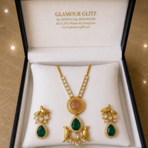 Suhana Heritage Set — Temple-Style Necklace & Earrings with Rose & Emerald-Tone Stones | Glamour Glitz
