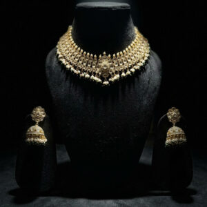 Royal Kundan Choker & Jhumka Set – Antique Gold Finish with Pearl Accents