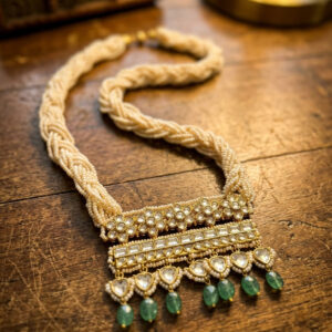 The Empress Braided Pearl & Emerald Polki Statement Necklace | Handcrafted Fusion Choker