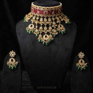 Royal Handcrafted Kundan Choker Set with Emerald Green Drops & Matching Earrings