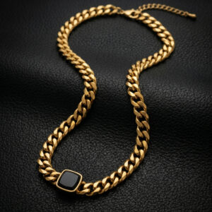 The Midnight Onyx Curb Chain | 18K Gold Plated Statement Necklace