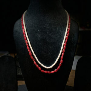 Timeless Radiance – Handcrafted Double-Strand Pearl & Red Gemstone Layered Necklace