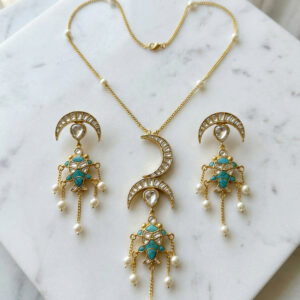 Handcrafted Celestial Moon & Turquoise Fish Jewelry Set | Gold-Plated Necklace & Earrings with Pearl Drops