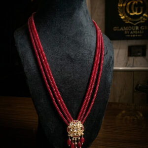 Handcrafted 3-Layer Ruby Red Rani Haar with Kundan Pendant & Pearl Drops