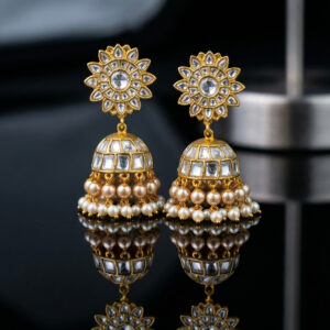 Floral Kundan Jhumka Earrings with Pearl Droplets