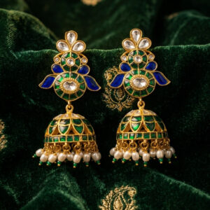 Meenakari & Kundan Jhumka Earrings – Royal Green & Blue Heritage Drop Earrings