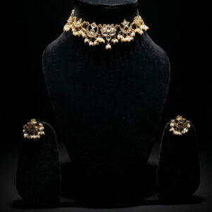 Handcrafted Kundan Polki Choker & Earring Set with Pearl Drops