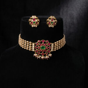 Handcrafted Regal Pearl Choker Set – Vintage Floral Motif with Ruby & Emerald Accents