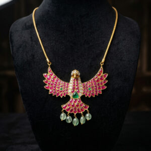 Handcrafted 22K Gold-Plated Garuda Phoenix Statement Necklace with Ruby Spinels & Mint Jade Drops