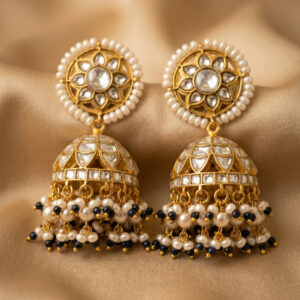 Handcrafted Kundan Jhumka Earrings with Pearl Clusters