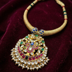 Handcrafted Heritage Kundan Hasli Necklace – 22K Gold Plated Chandbali Pendant with Navratna Accents