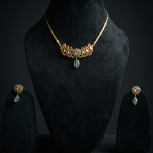 Handcrafted Kemp Stone Floral Necklace Set – Traditional Temple Jewelry with Emerald Drops