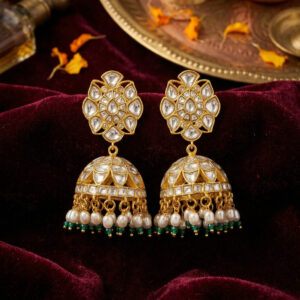 Premium Handcrafted Kundan Jhumka Earrings with Emerald Green Beads