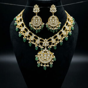Kundan Polki Necklace Set with Emerald Green Drops | Traditional Bridal Choker & Chandbali Earrings