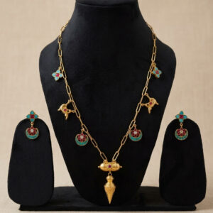Handcrafted Heritage Enamel Pendant & Earring Set | Vintage-Inspired Gold-Tone Jewelry