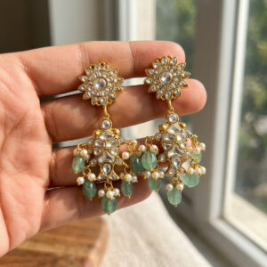 Elegant Floral Kundan Earrings with Mint Beads – Handcrafted Heritage Jewelry