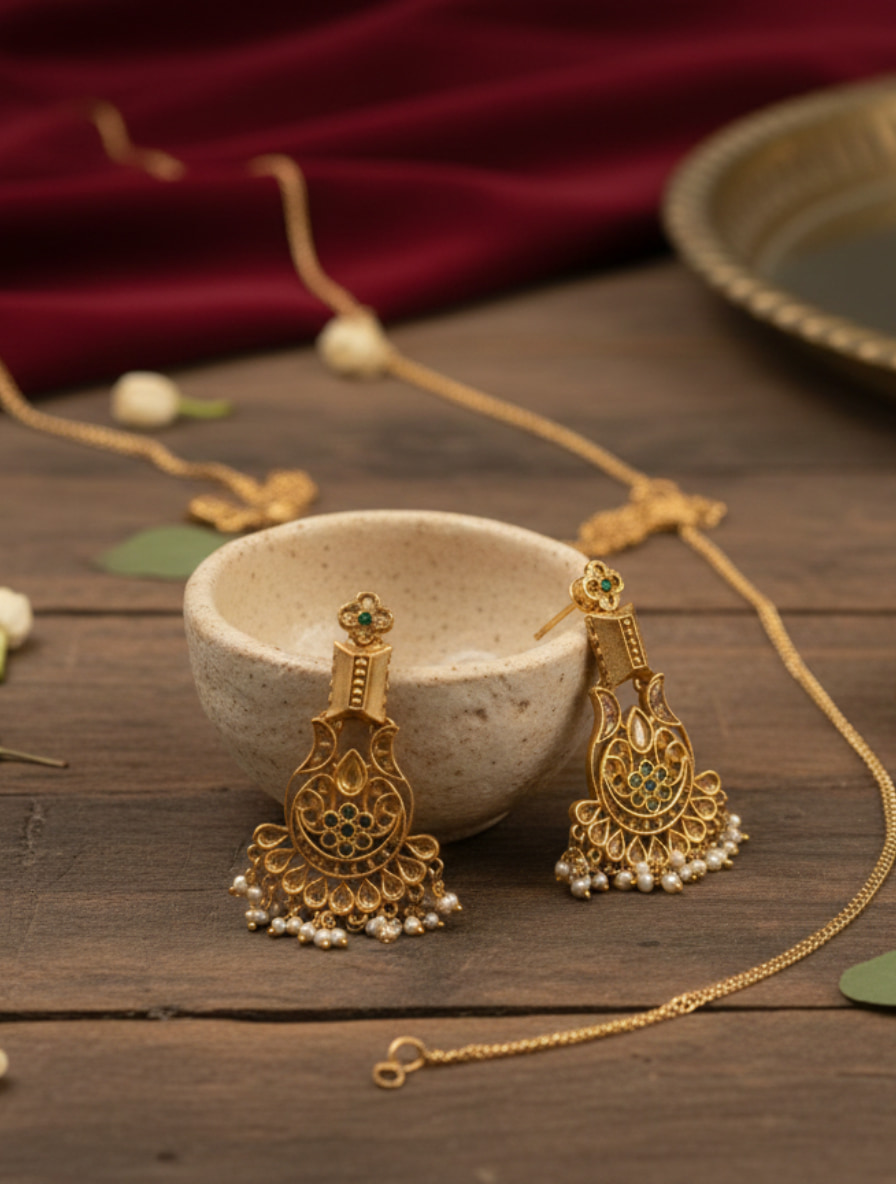 Handcrafted 22K Gold Plated 92.5 Sterling Silver Chandbali Jhumkas with Natural Jade & Seed Pearls - Image 2