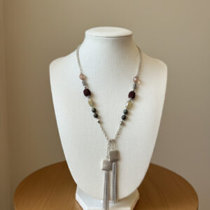 Silver Tassel Lariat Necklace with Natural Gemstone Beads