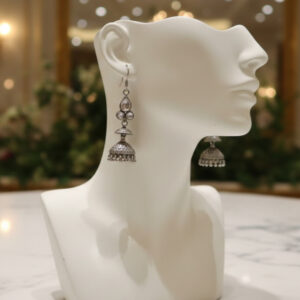 Silver Jhumka Earrings with Pink Gemstone Accents