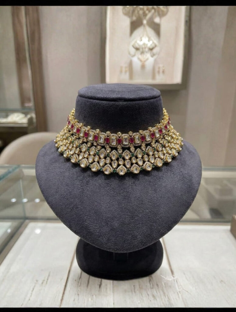 Handcrafted Gold-Tone Ruby & Emerald Jadau Necklace