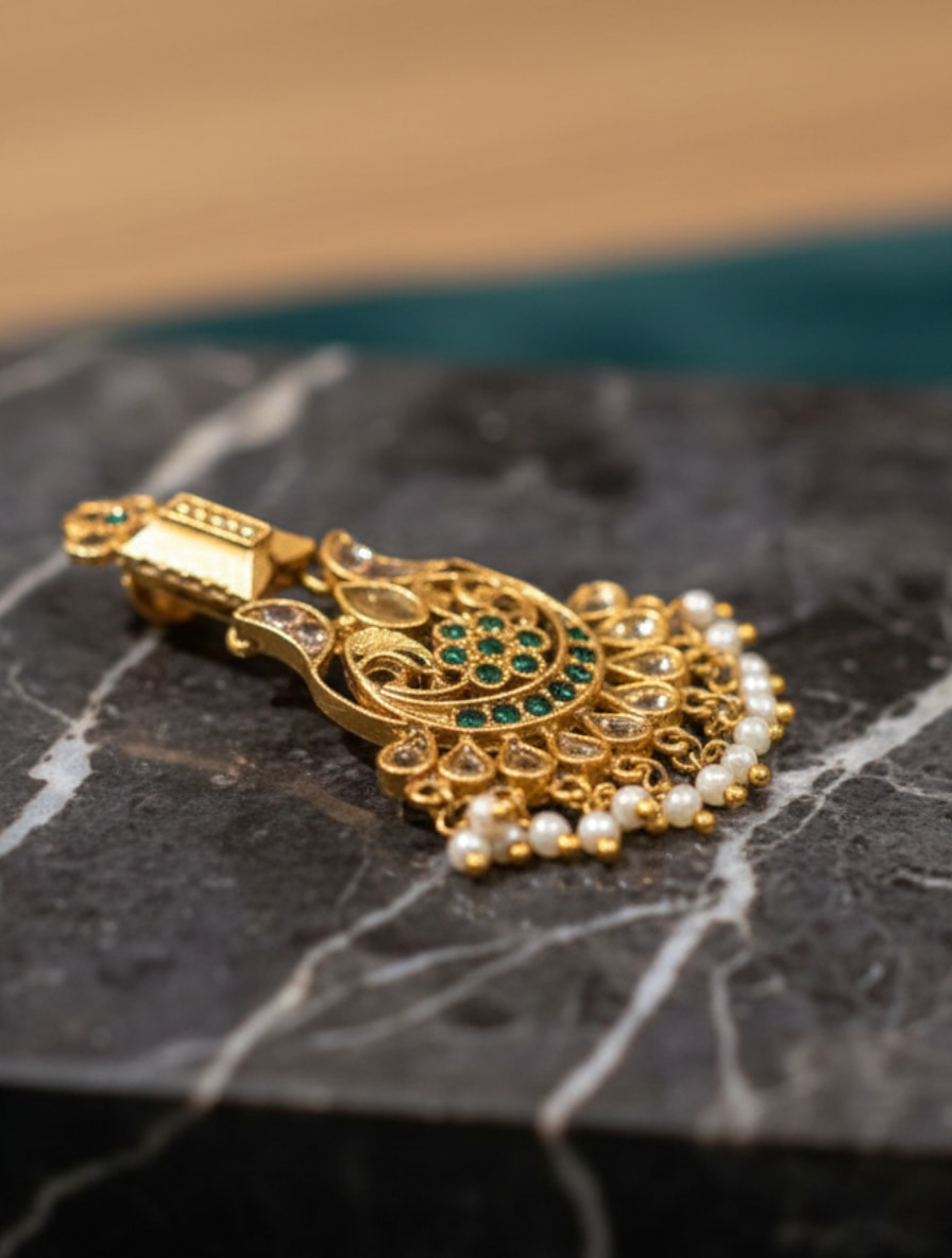 Handcrafted 22K Gold Plated 92.5 Sterling Silver Chandbali Jhumkas with Natural Jade & Seed Pearls - Image 4