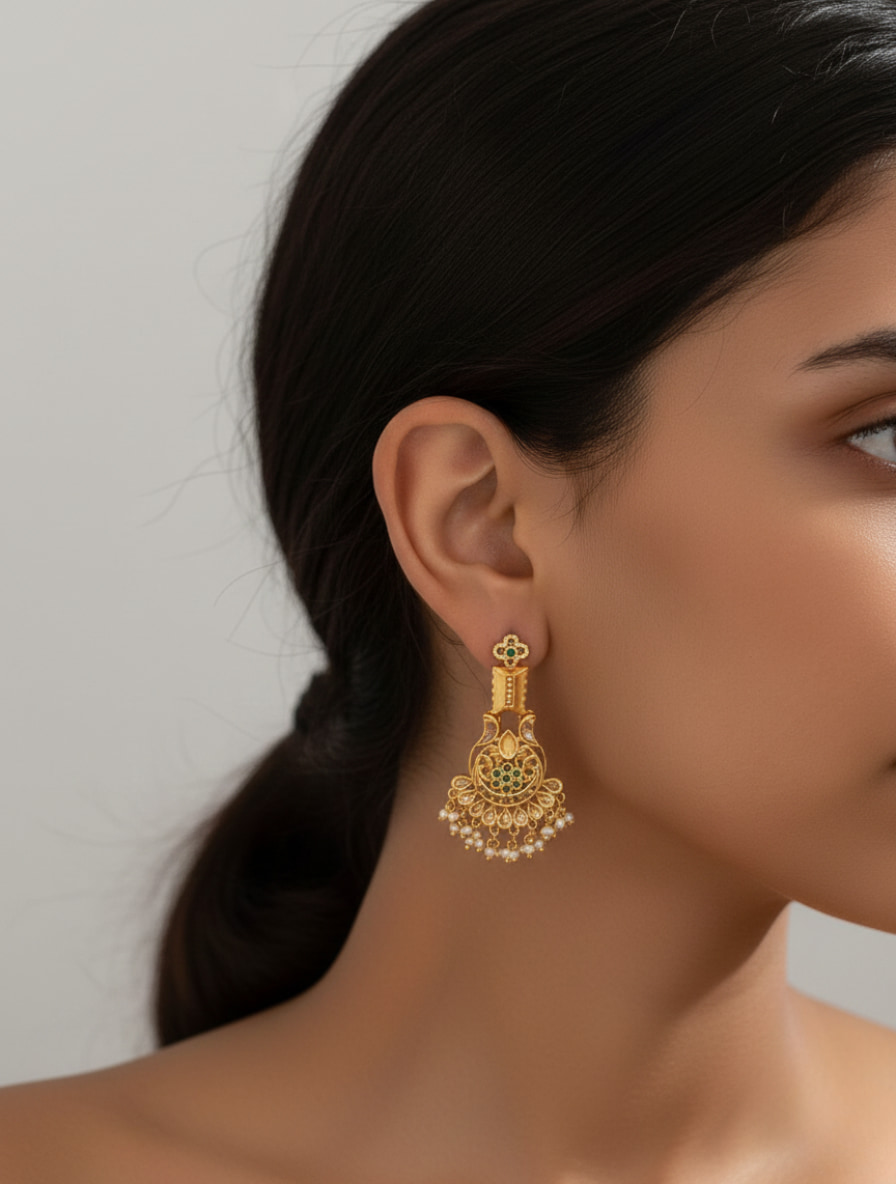 Handcrafted 22K Gold Plated 92.5 Sterling Silver Chandbali Jhumkas with Natural Jade & Seed Pearls - Image 3