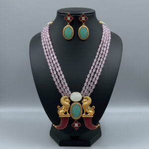 Handcrafted Heritage "Roaring Majesty" Mala Set – Carved Green Onyx & Pink Quartz Tiger Claw Necklace