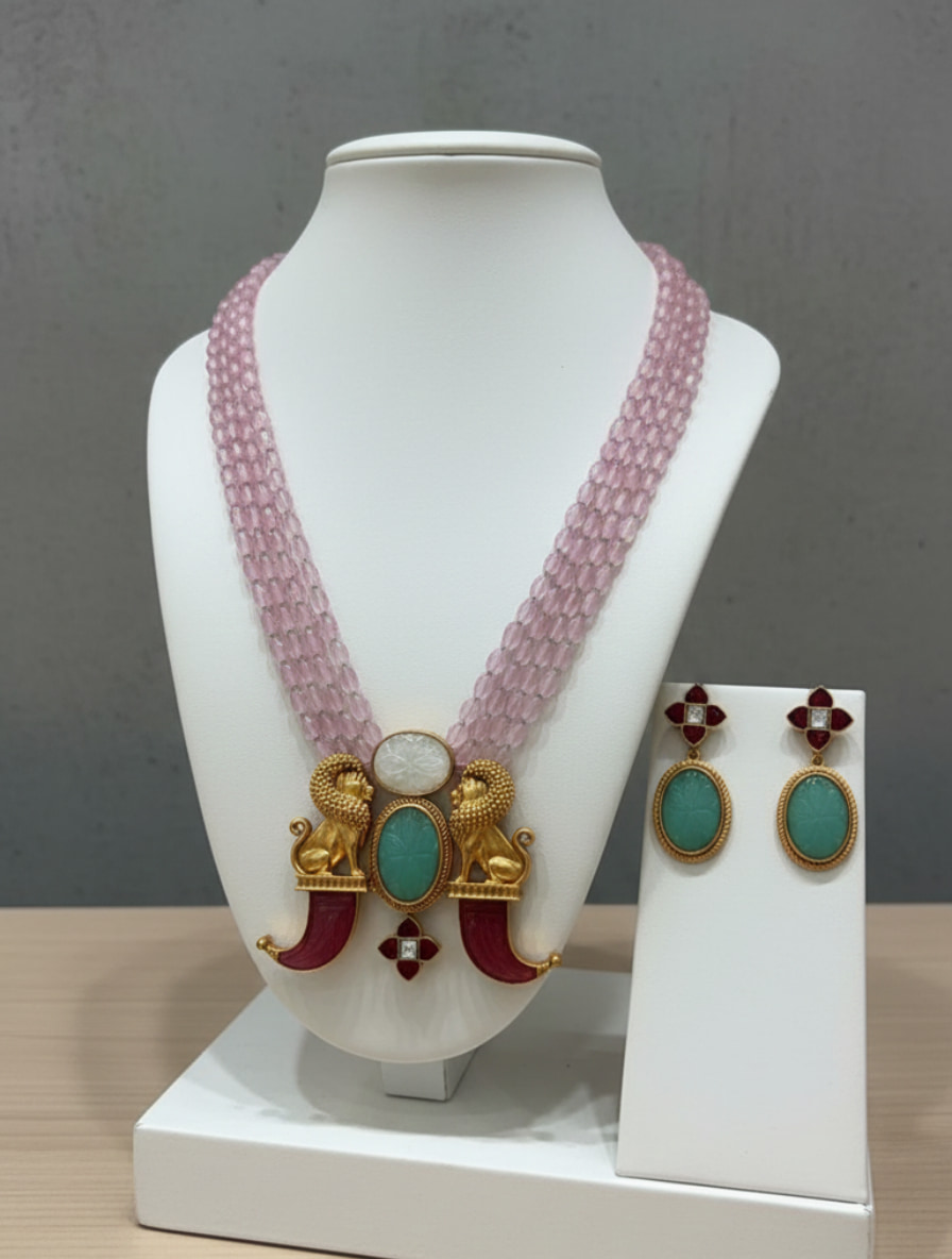 Handcrafted Heritage "Roaring Majesty" Mala Set – Carved Green Onyx & Pink Quartz Tiger Claw Necklace - Image 5