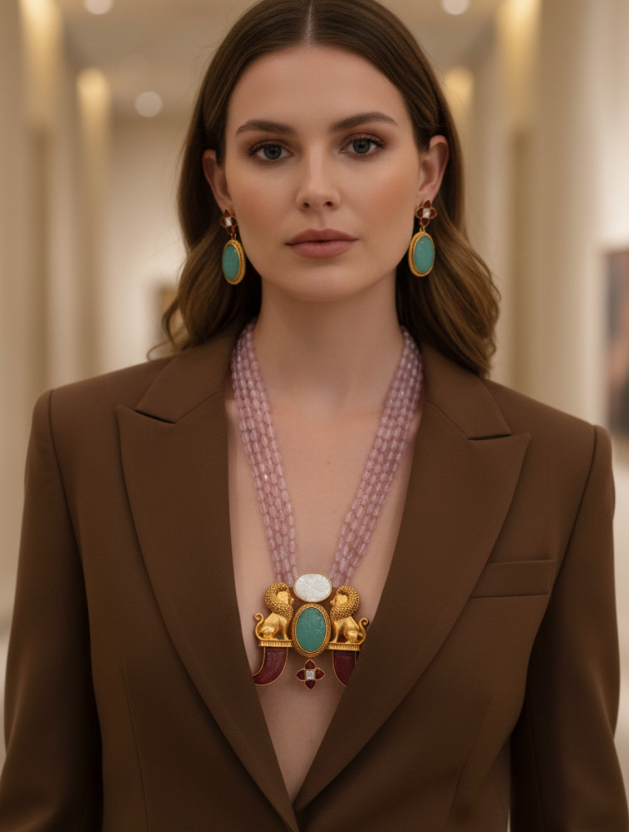 Handcrafted Heritage "Roaring Majesty" Mala Set – Carved Green Onyx & Pink Quartz Tiger Claw Necklace - Image 3