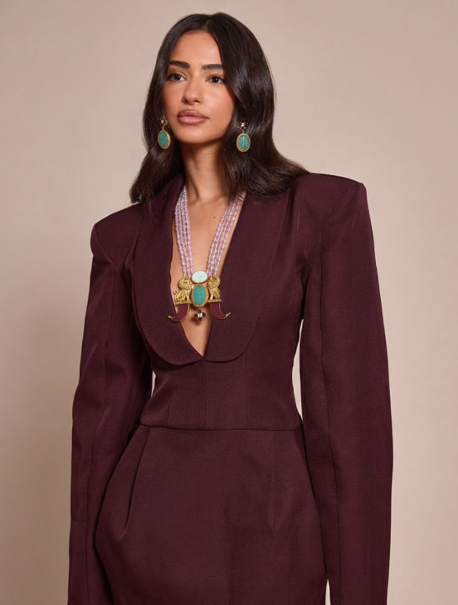 Handcrafted Heritage "Roaring Majesty" Mala Set – Carved Green Onyx & Pink Quartz Tiger Claw Necklace - Image 2