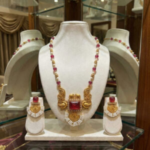 The Regal Mayura | Handcrafted Nakkashi Temple Necklace Set with Ruby-Red Healing Spinel