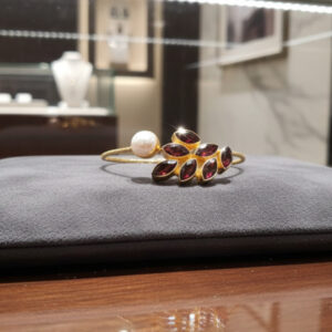 Handcrafted Botanical Bypass Bangle in Gold Plated Silver with Garnet Clusters & Pearl