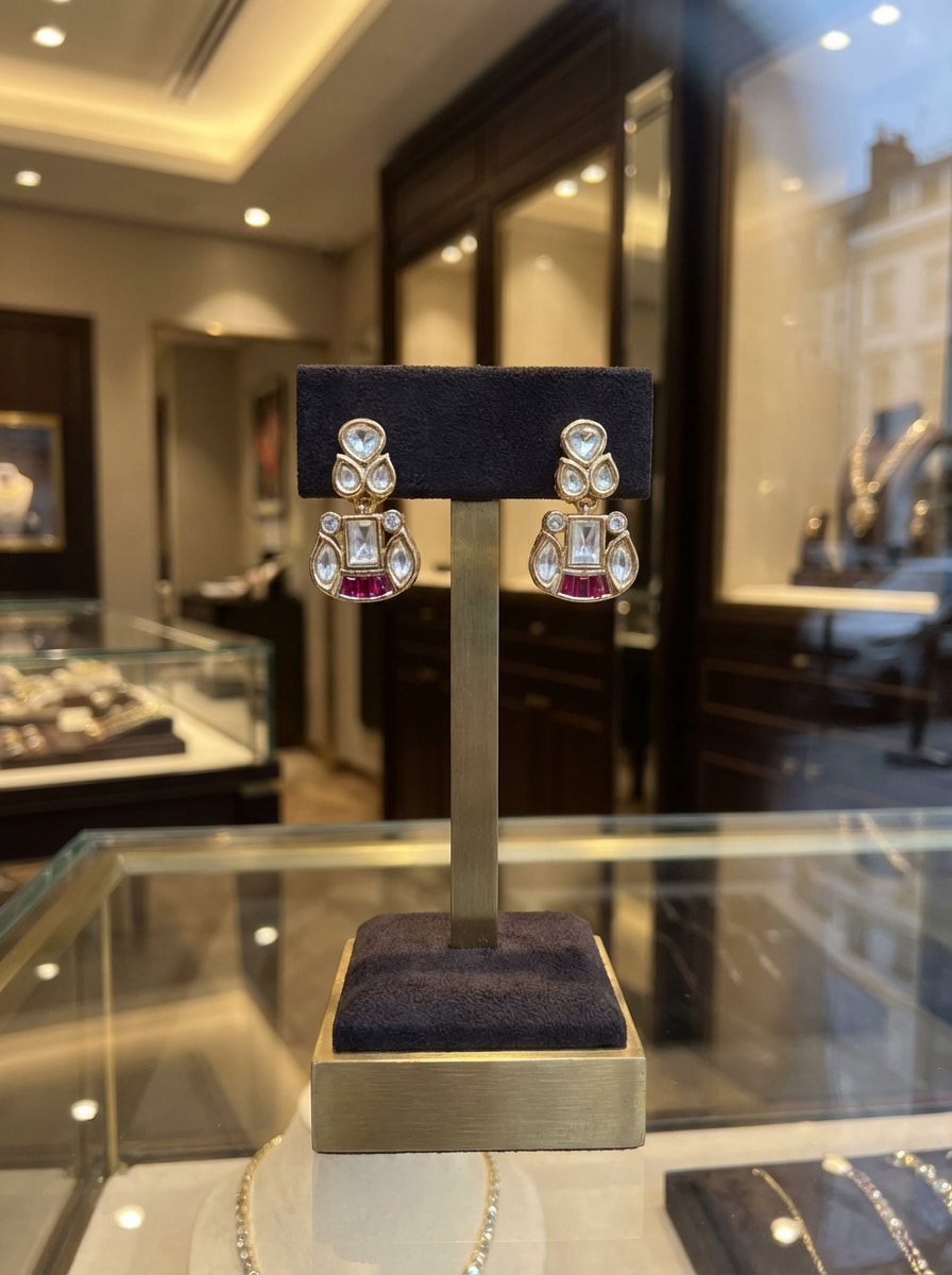 Handcrafted Vintage-Style Kundan & Ruby Drop Statement Earrings - Image 9
