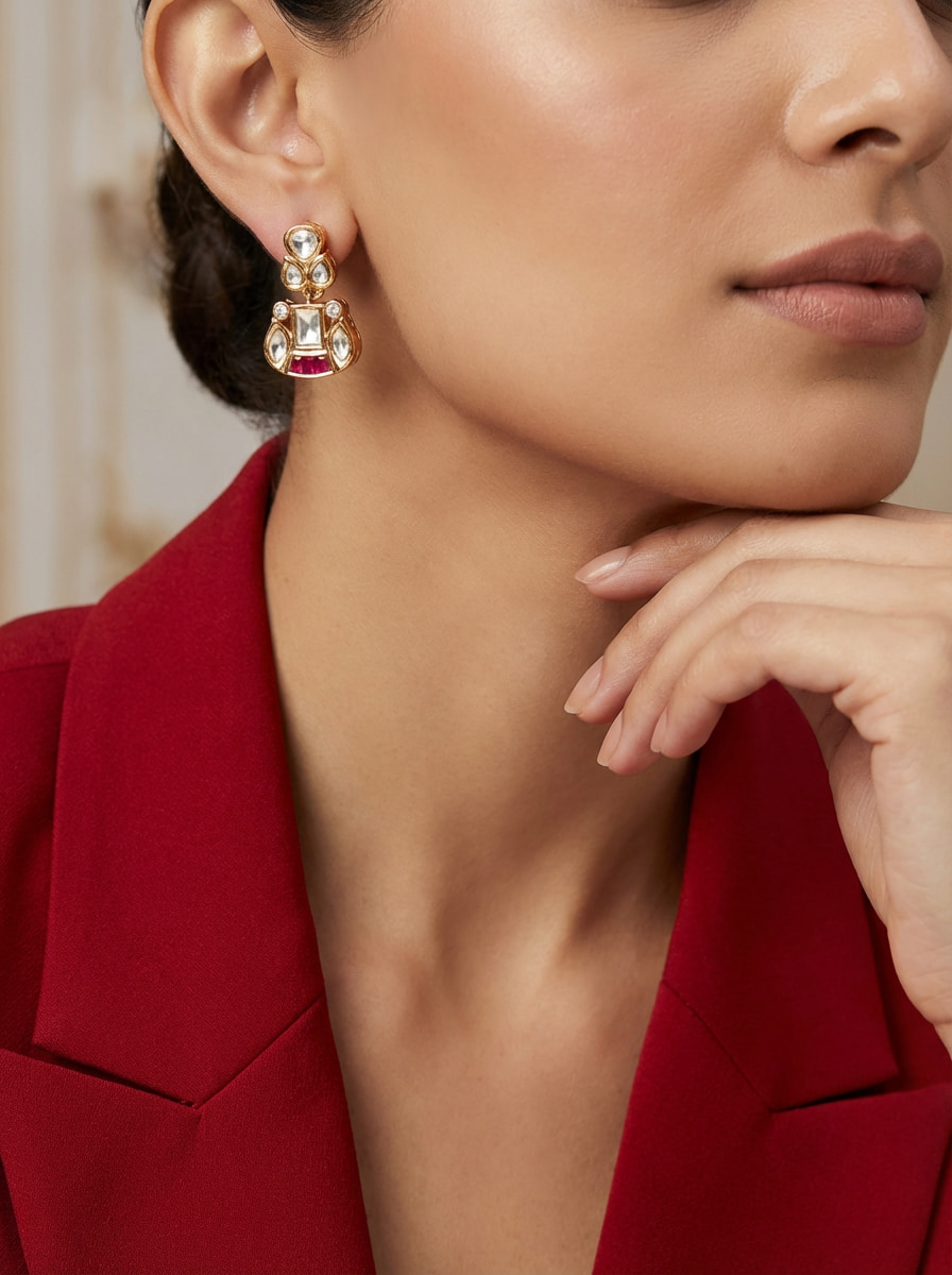 Handcrafted Vintage-Style Kundan & Ruby Drop Statement Earrings - Image 13