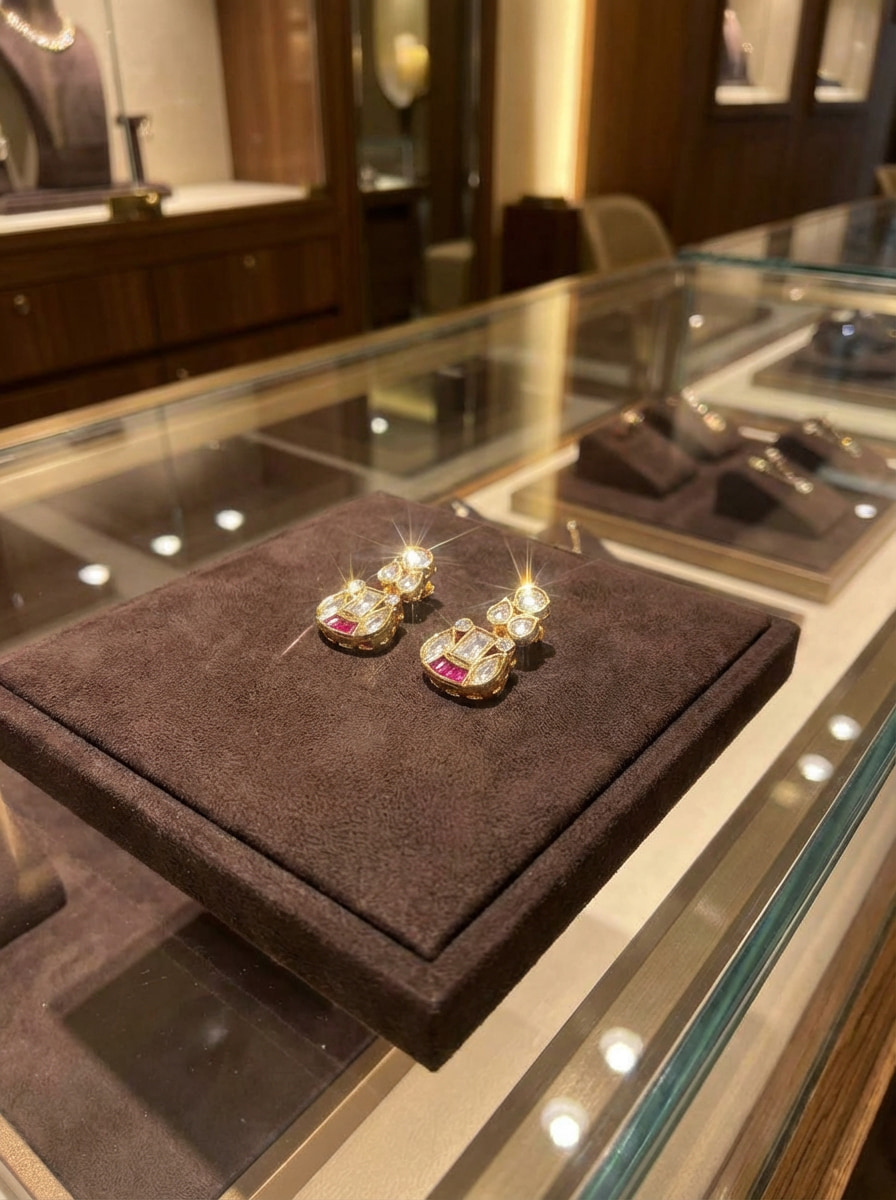 Handcrafted Vintage-Style Kundan & Ruby Drop Statement Earrings - Image 6