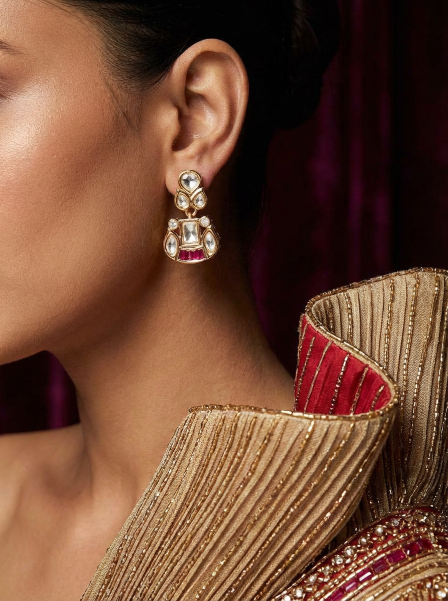 Handcrafted Vintage-Style Kundan & Ruby Drop Statement Earrings - Image 12