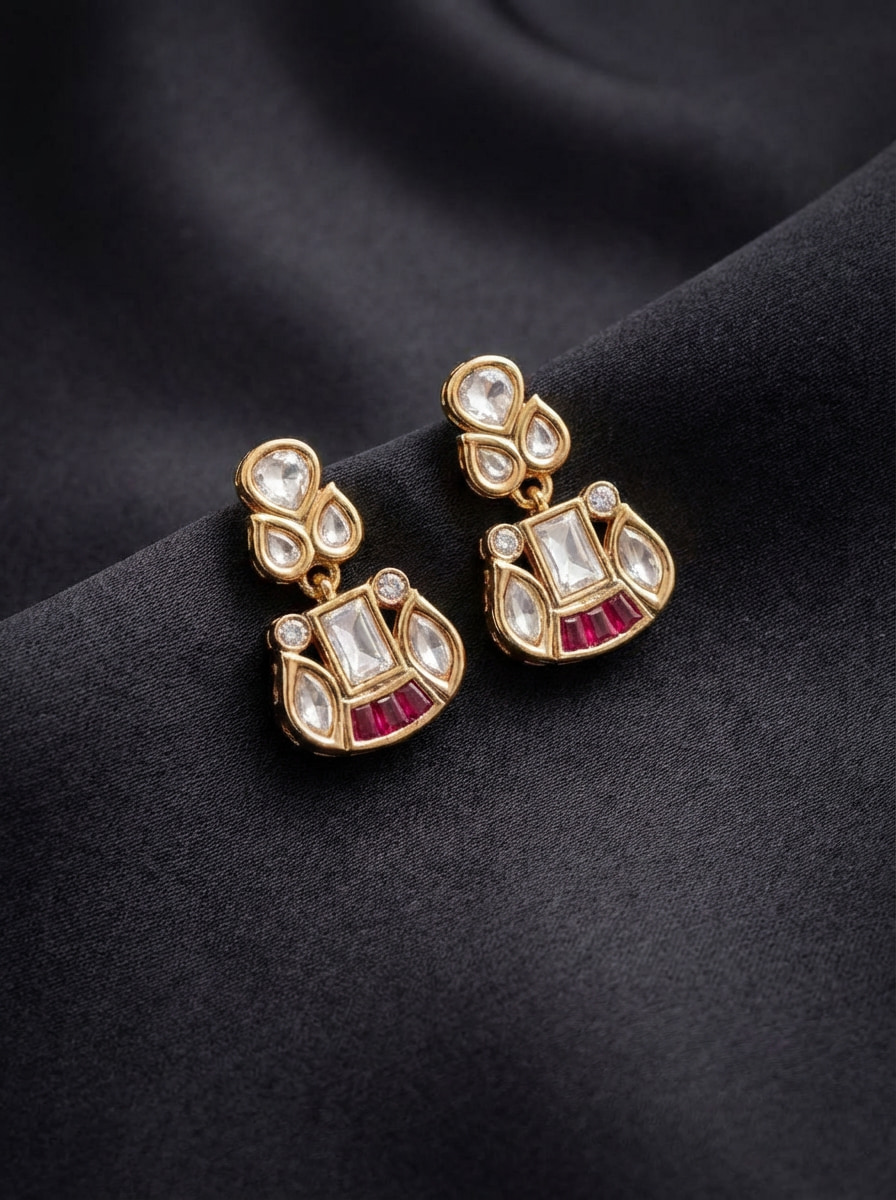 Handcrafted Vintage-Style Kundan & Ruby Drop Statement Earrings - Image 14