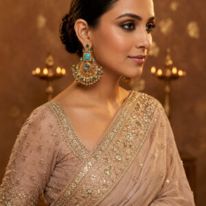 Handcrafted Antique Gold Chandbali Earrings – Heritage Filigree with Labradorite, Carved Turquoise, Emerald Accents & Ghungroo Bells