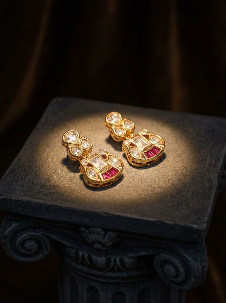 Handcrafted Vintage-Style Kundan & Ruby Drop Statement Earrings - Image 3