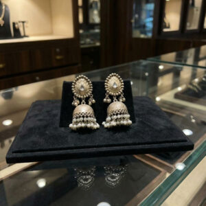 Antique Handcrafted Silver-Tone Jhumka Earrings with Pearl Clusters